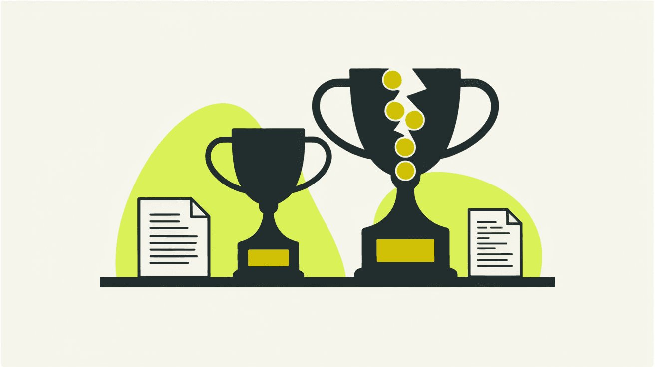 Illustration: Two identical trophies on a shelf, one solid gold and one hollow with coins spilling out of a crack in its base, bold flat shapes