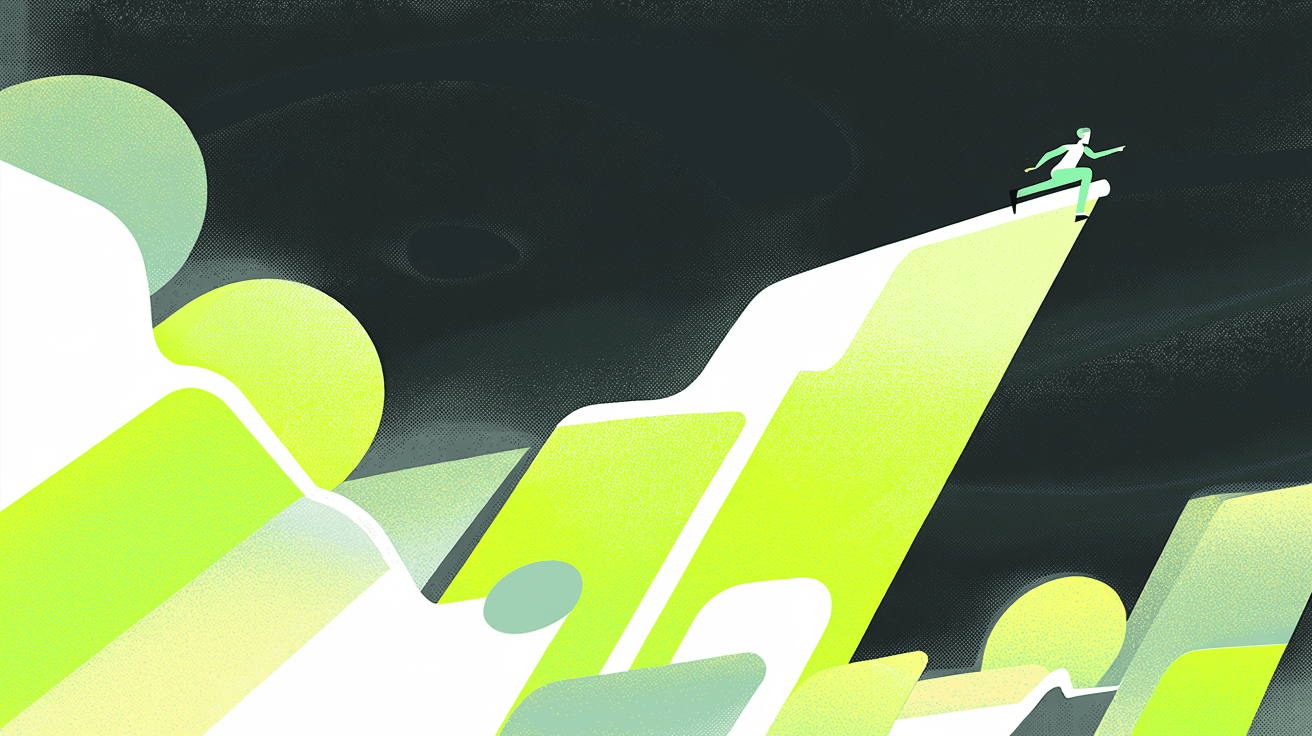 Editorial illustration of a figure riding a rising wave of coins and chart bars, symbolising improved cash flow