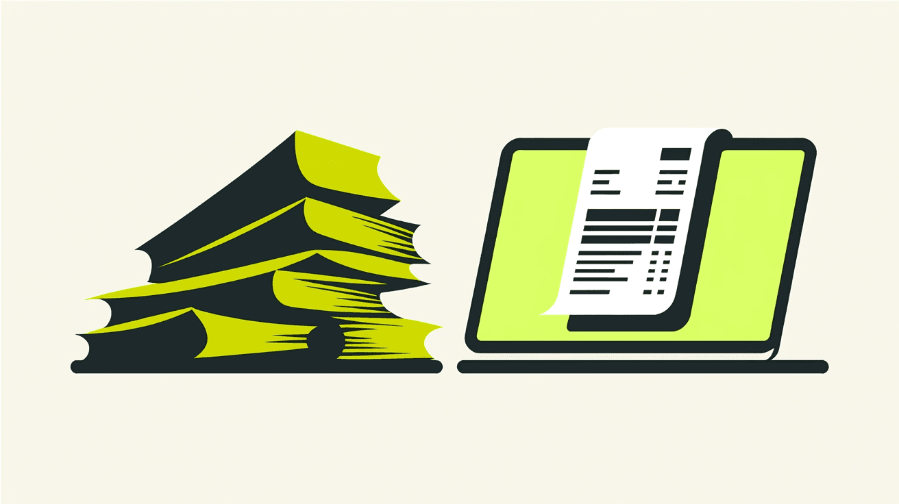 Illustration contrasting a toppling stack of paper invoices with a modern digital invoice highlighted in lime