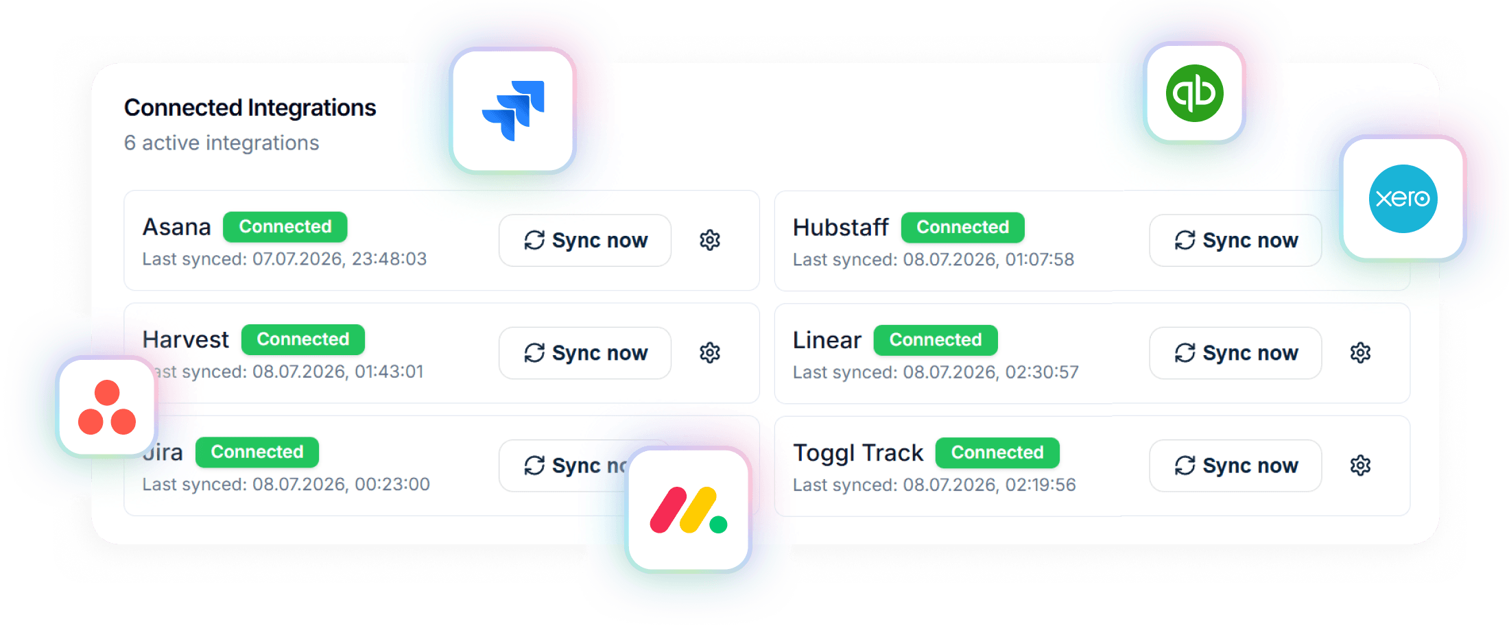 Handl integrations panel showing connected project management, accounting and time-tracking apps