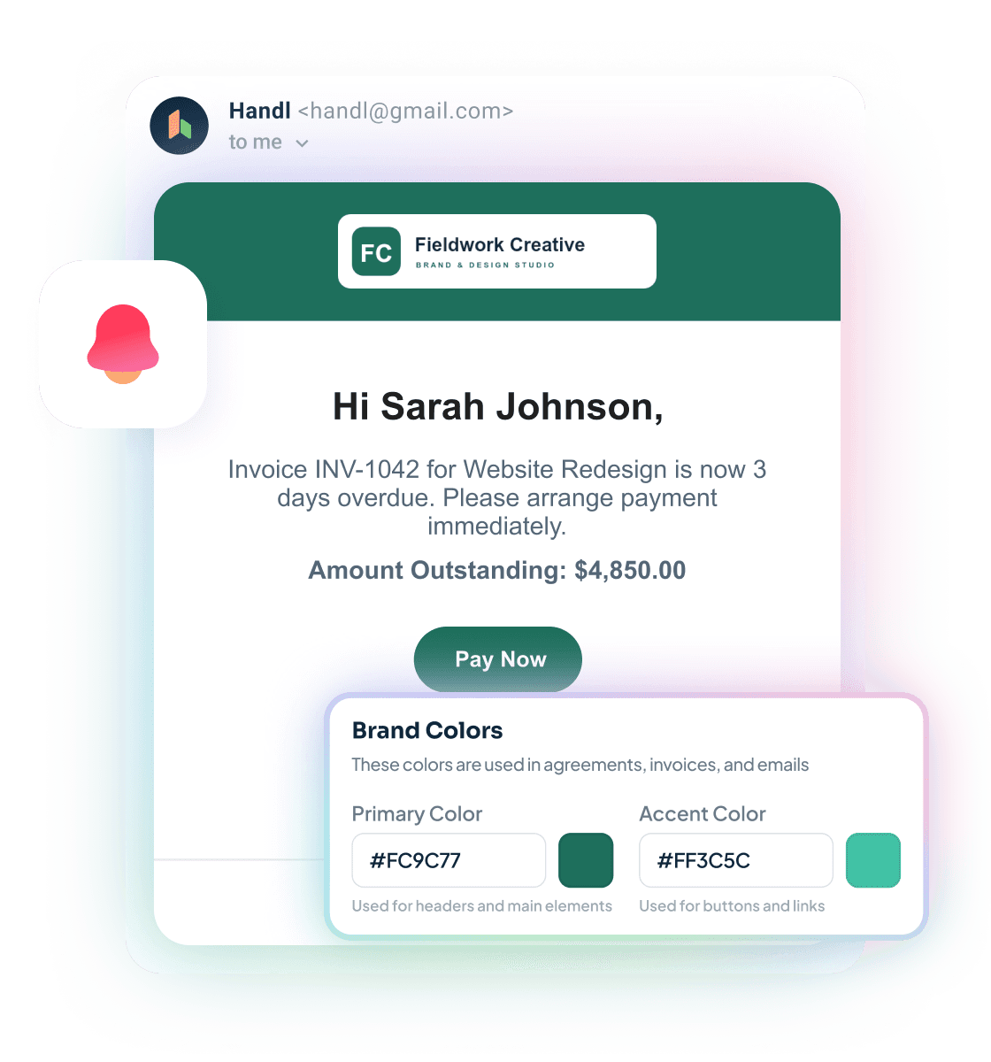 Branded Handl reminder email with a Pay Now button, escalating from a friendly nudge to a final notice