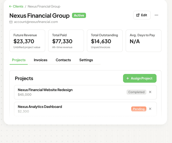 A client portal showing a project list, paid and outstanding totals at a glance.
