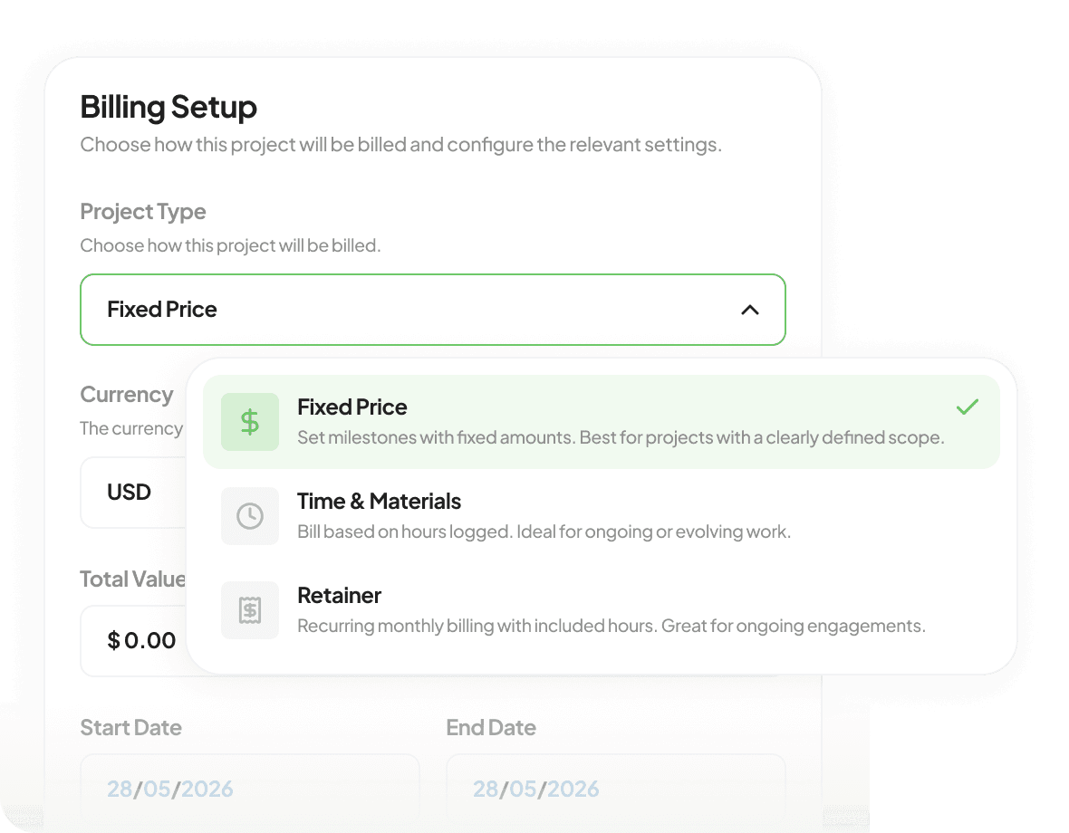 Handl billing setup with fixed price, time & materials and retainer options.