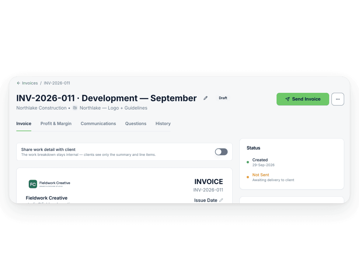 A drafted Handl invoice for Northlake marked Draft and Not Sent, with a Send Invoice button.