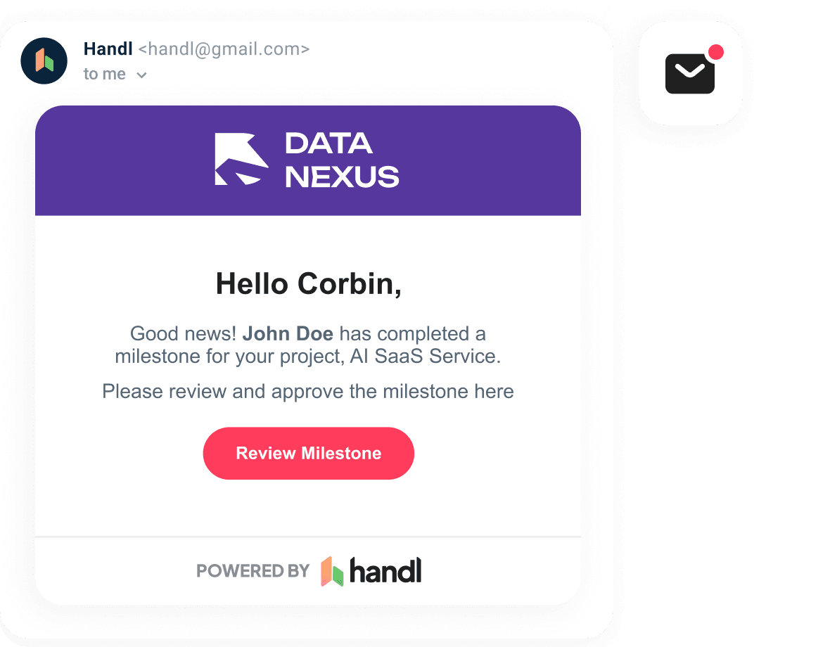 An automated Handl payment-reminder email with a one-click pay button.