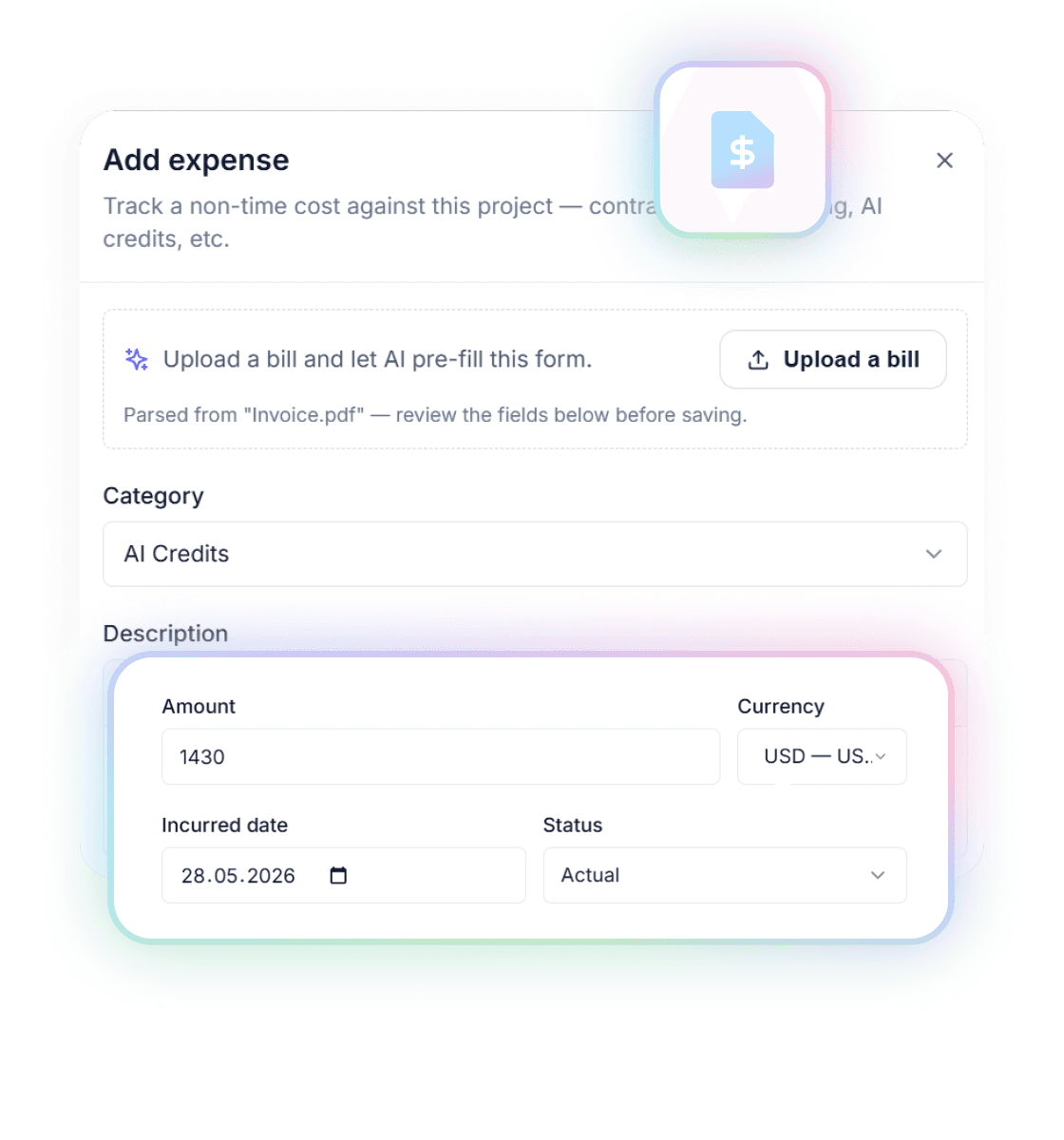 The add-expense drawer after a bill parse — 'Parsed from Invoice.pdf, review the fields below before saving', with category, amount, currency, date and status pre-filled