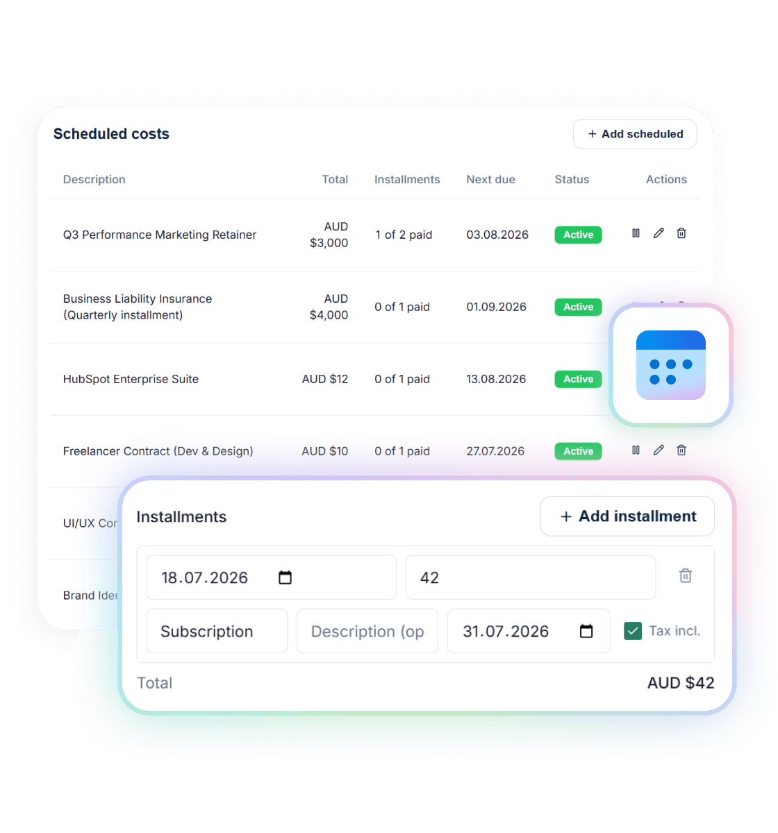 The Scheduled costs widget with installment plans — a retainer showing 1 of 2 paid with its next due date, and the installments editor open above