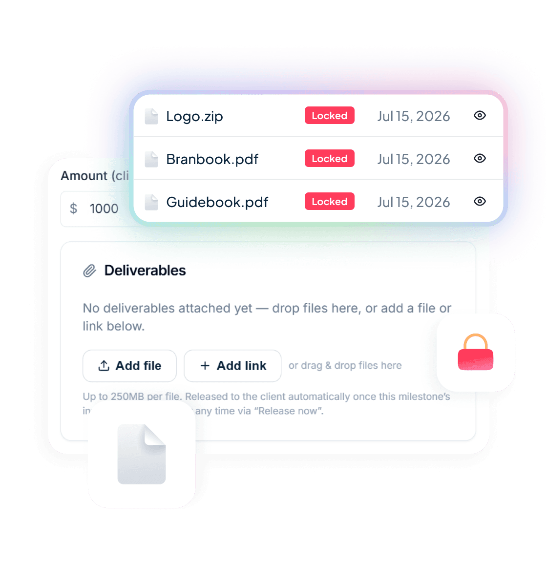 The pay page showing a locked deliverables list — files marked Locked until the invoice is paid