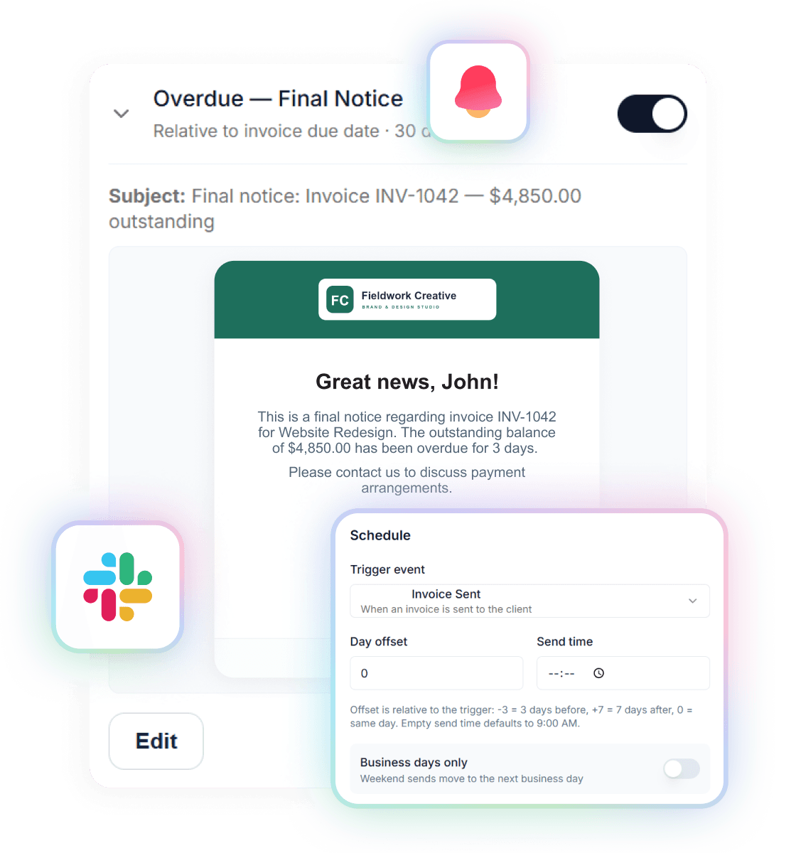 Reminder cadence settings — an automated overdue final-notice email in the agency's branding, with the schedule dialog setting the trigger, day offset and send time.