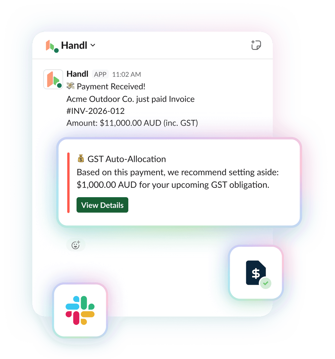 Slack notification — "💰 Put $1,000.00 aside for GST" — landing right after a payment-received message