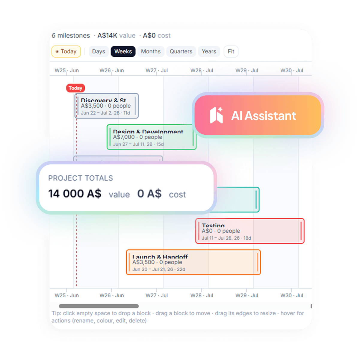 Handl project timeline — milestones with their values and an AI Assistant panel