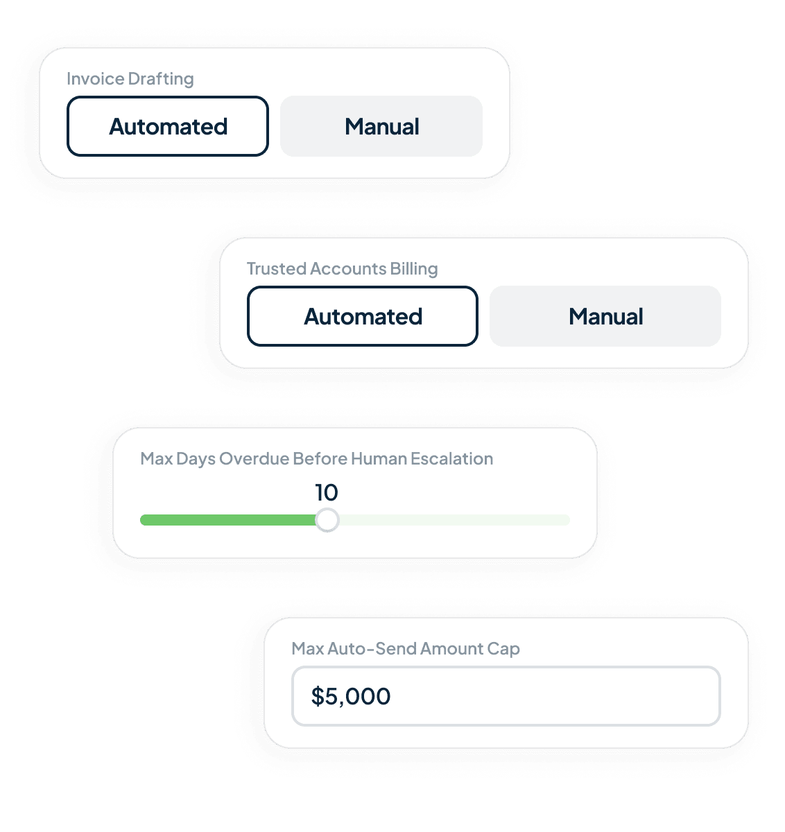 Handl agent autonomy settings — automated vs manual toggles, a max-days-overdue slider and an auto-send amount cap