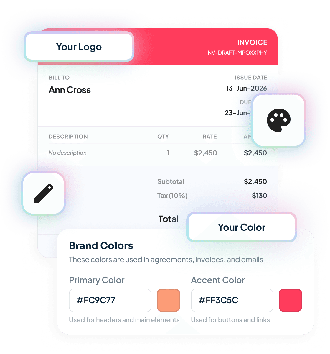 A client portal branded as your agency — your logo and colours on every invoice