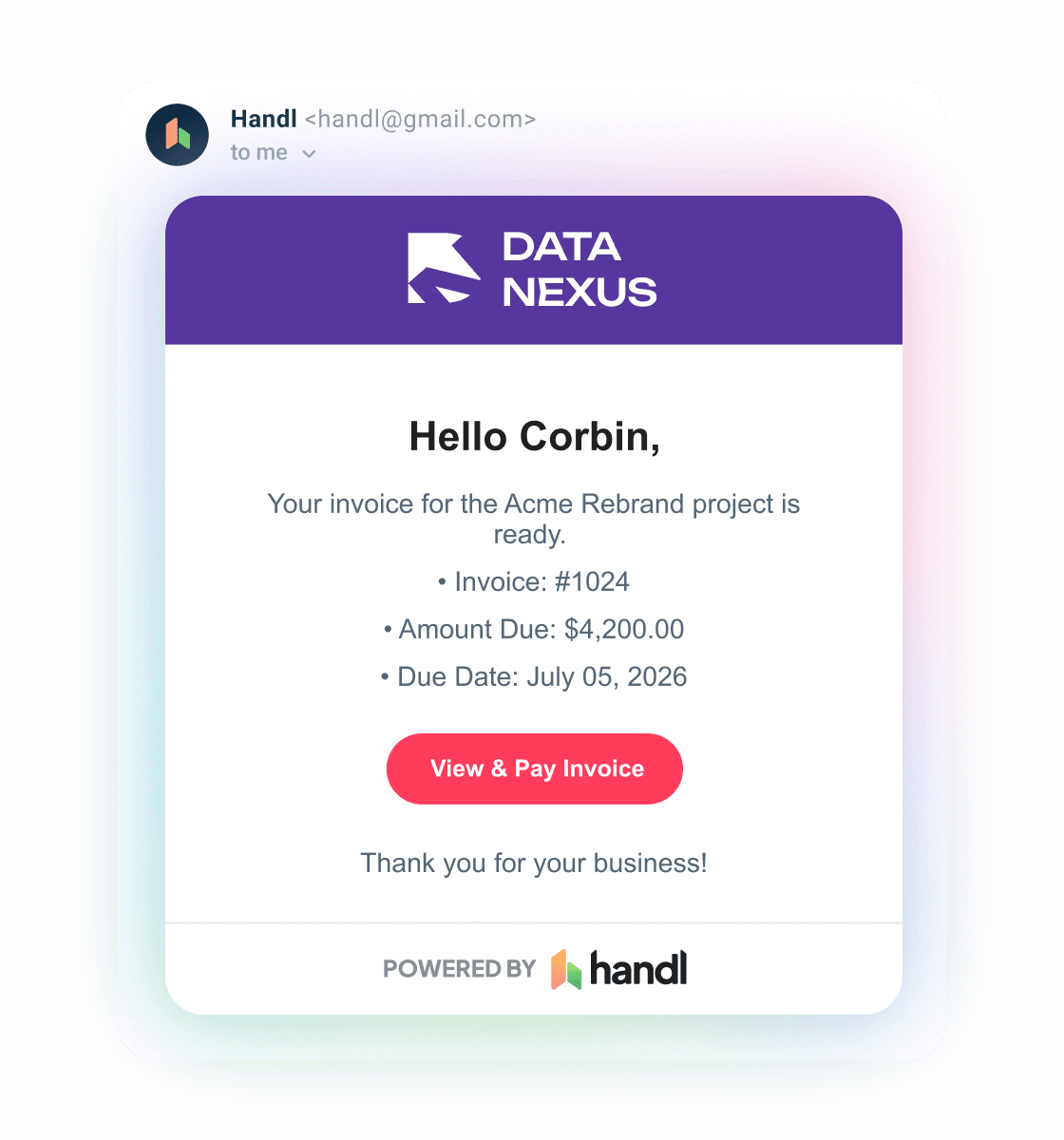 The invoice email a client receives — branded, with a single View and Pay Invoice button