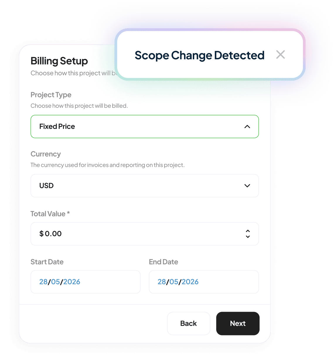 Handl fixed-fee project: agreed fee + payment schedule, “scope change detected” prompt drafting a change-order line
