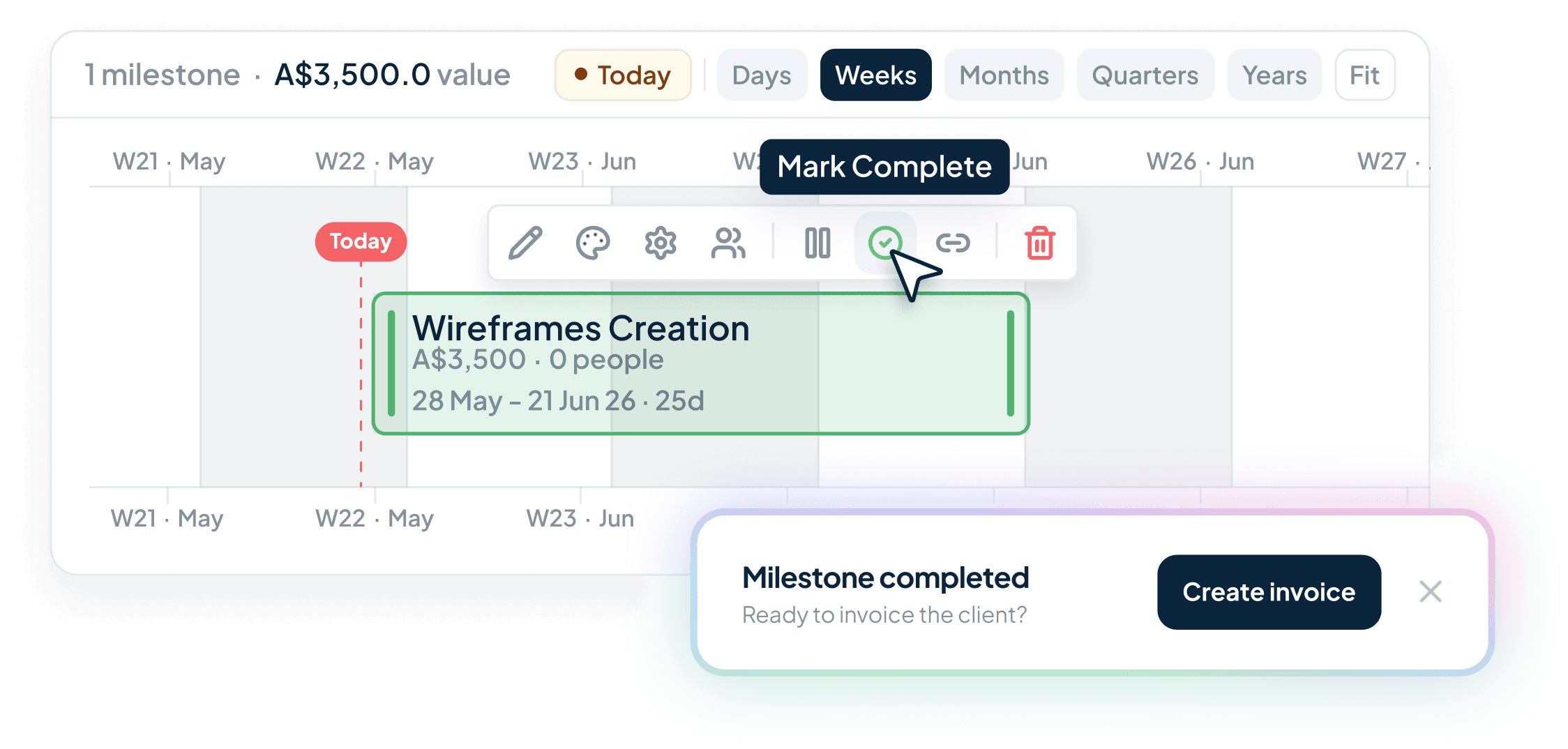 A Handl milestone timeline — a Wireframes Creation milestone being marked complete, with a “Milestone completed — create invoice” prompt appearing