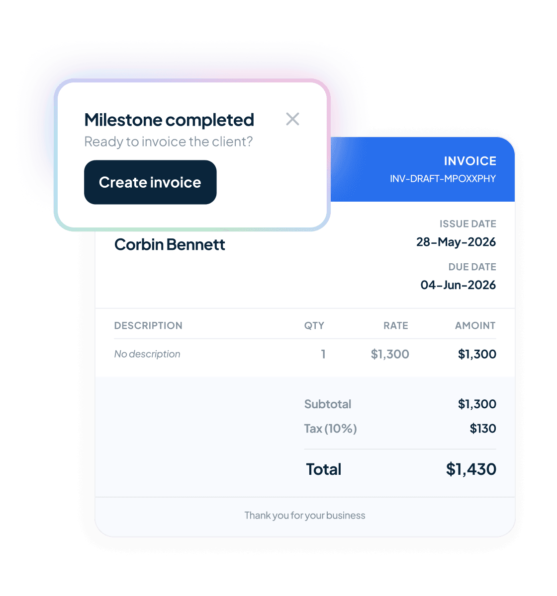 Handl milestone timeline: “Design sign-off” flips to done, invoice auto-drafts with amount + due date