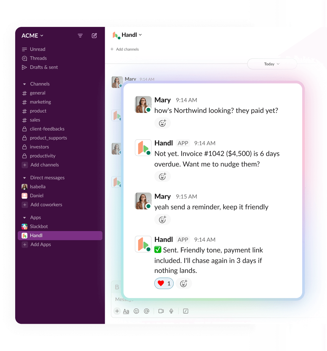 Handl in Slack — flagging a six-day-overdue invoice and sending a friendly reminder