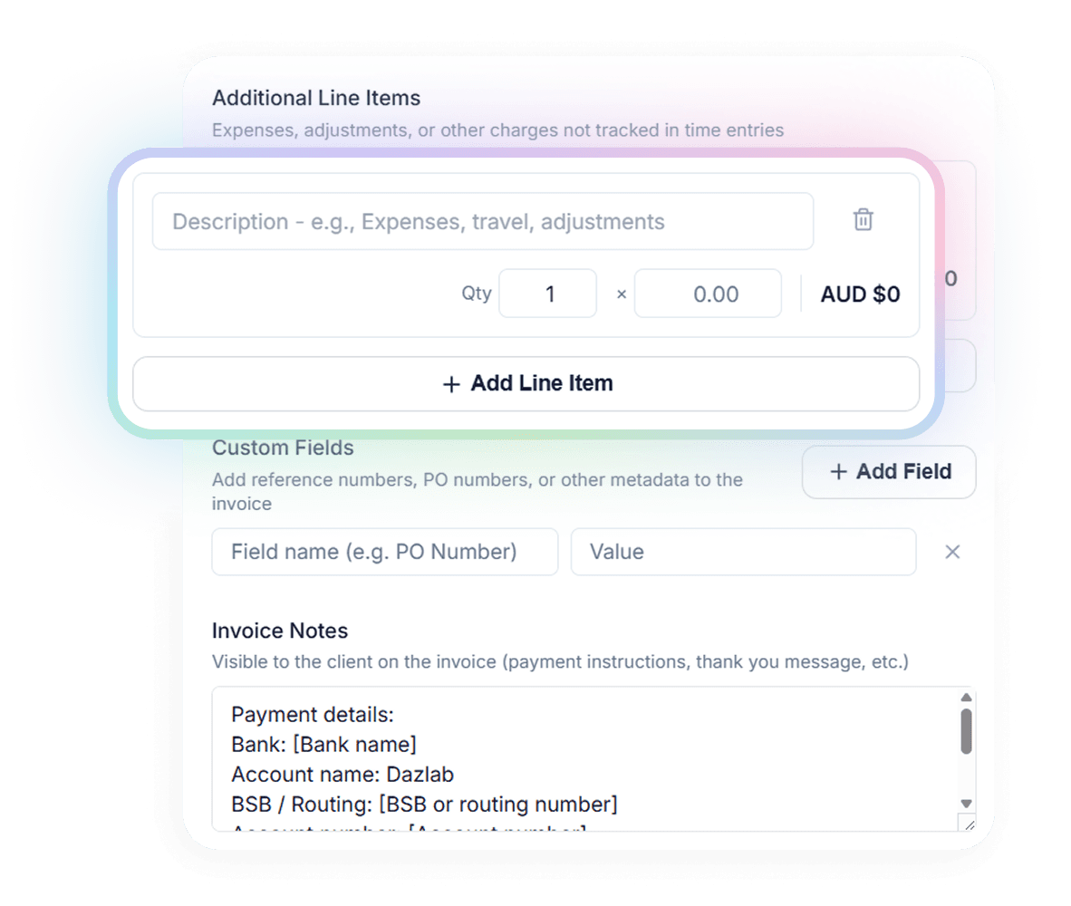 Handl invoice editor — adding line items, custom fields and payment notes