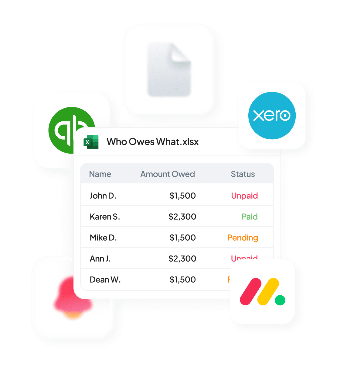 Disconnected tools — a Who Owes What spreadsheet alongside QuickBooks, Xero and Monday