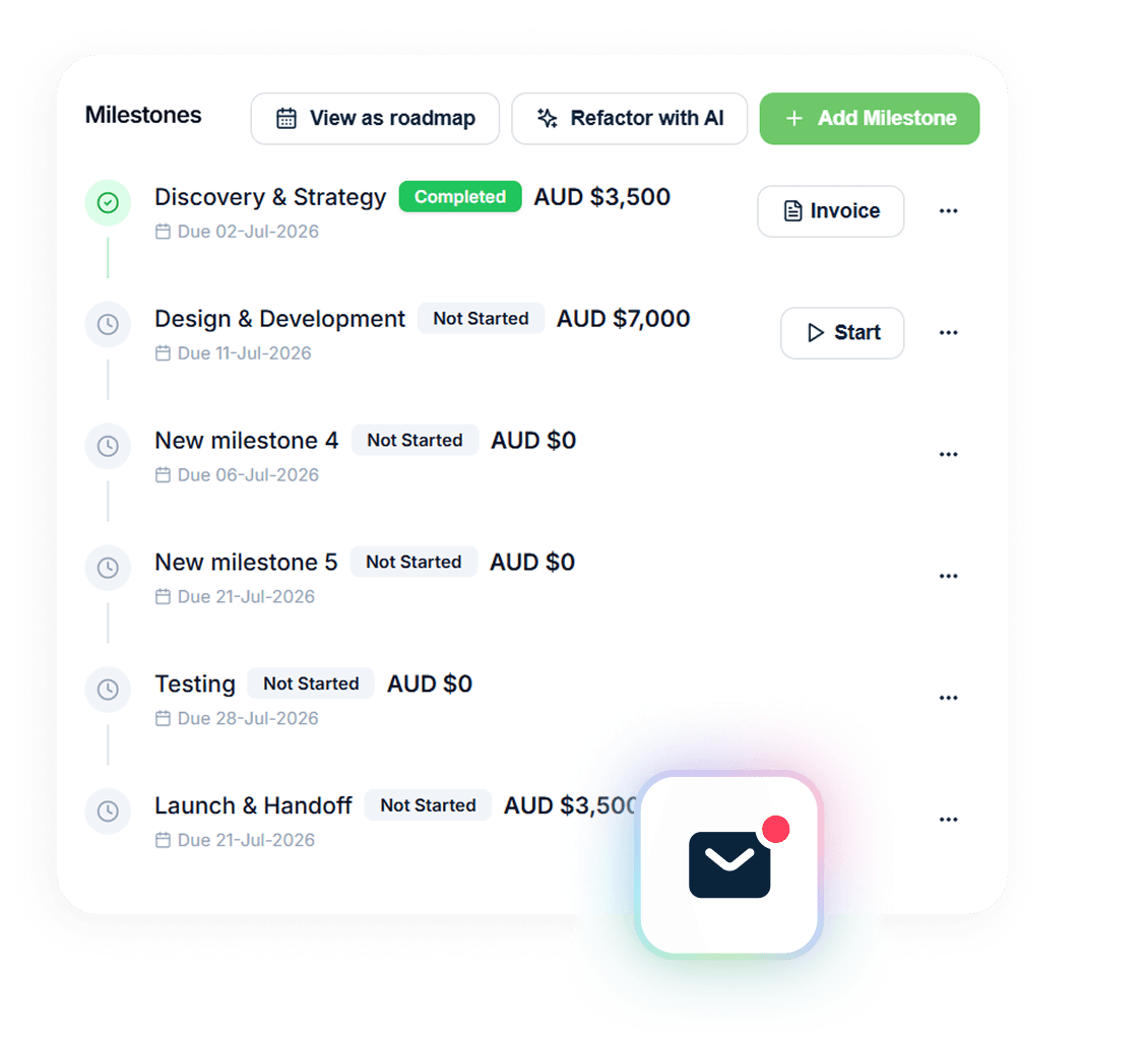 Handl milestone roadmap across a project — phases with values and one-click invoicing