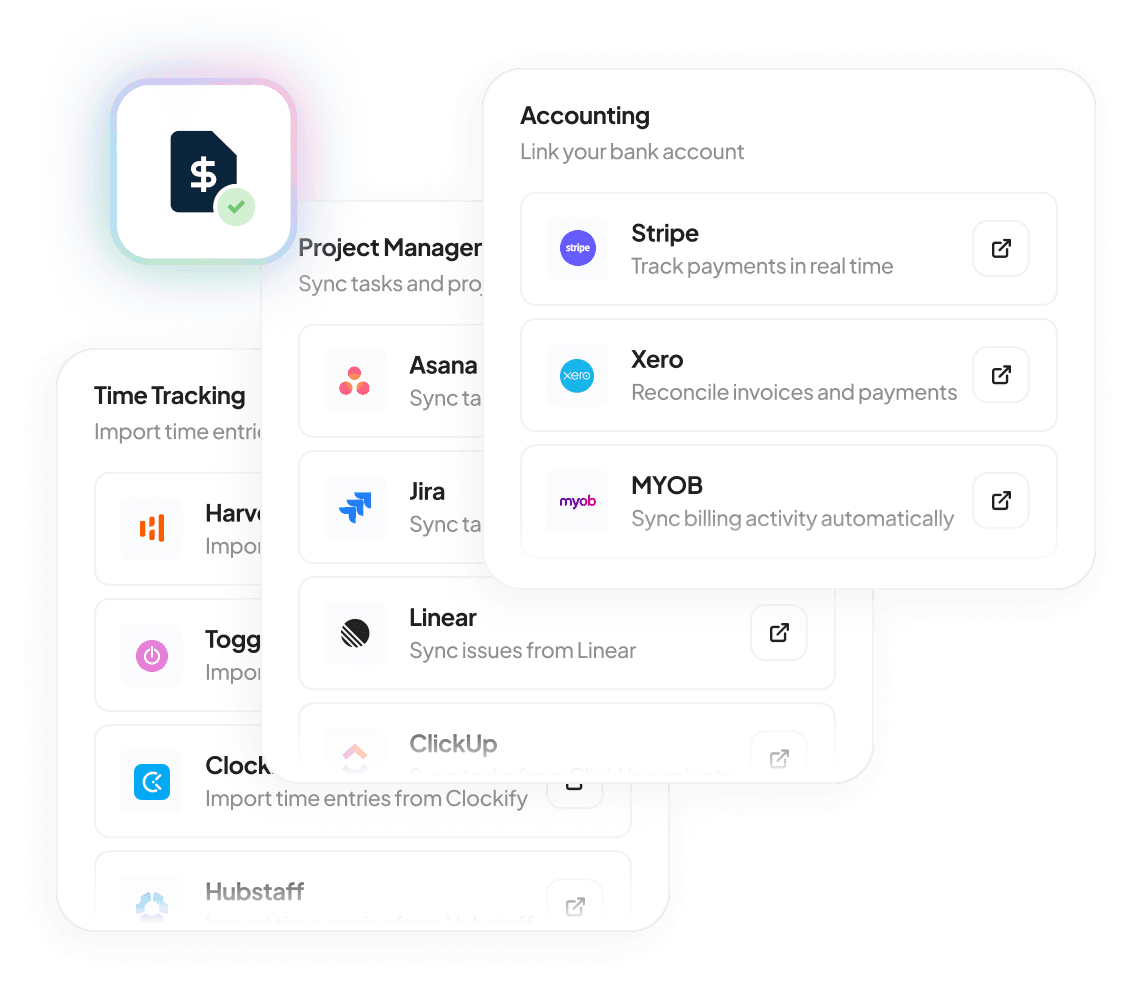 Handl integrations — project management, time tracking and accounting tools connected
