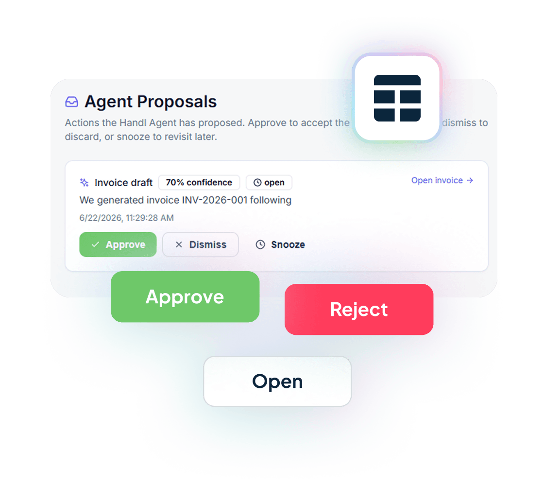 Handl Agent Proposals — a drafted invoice flagged for approval