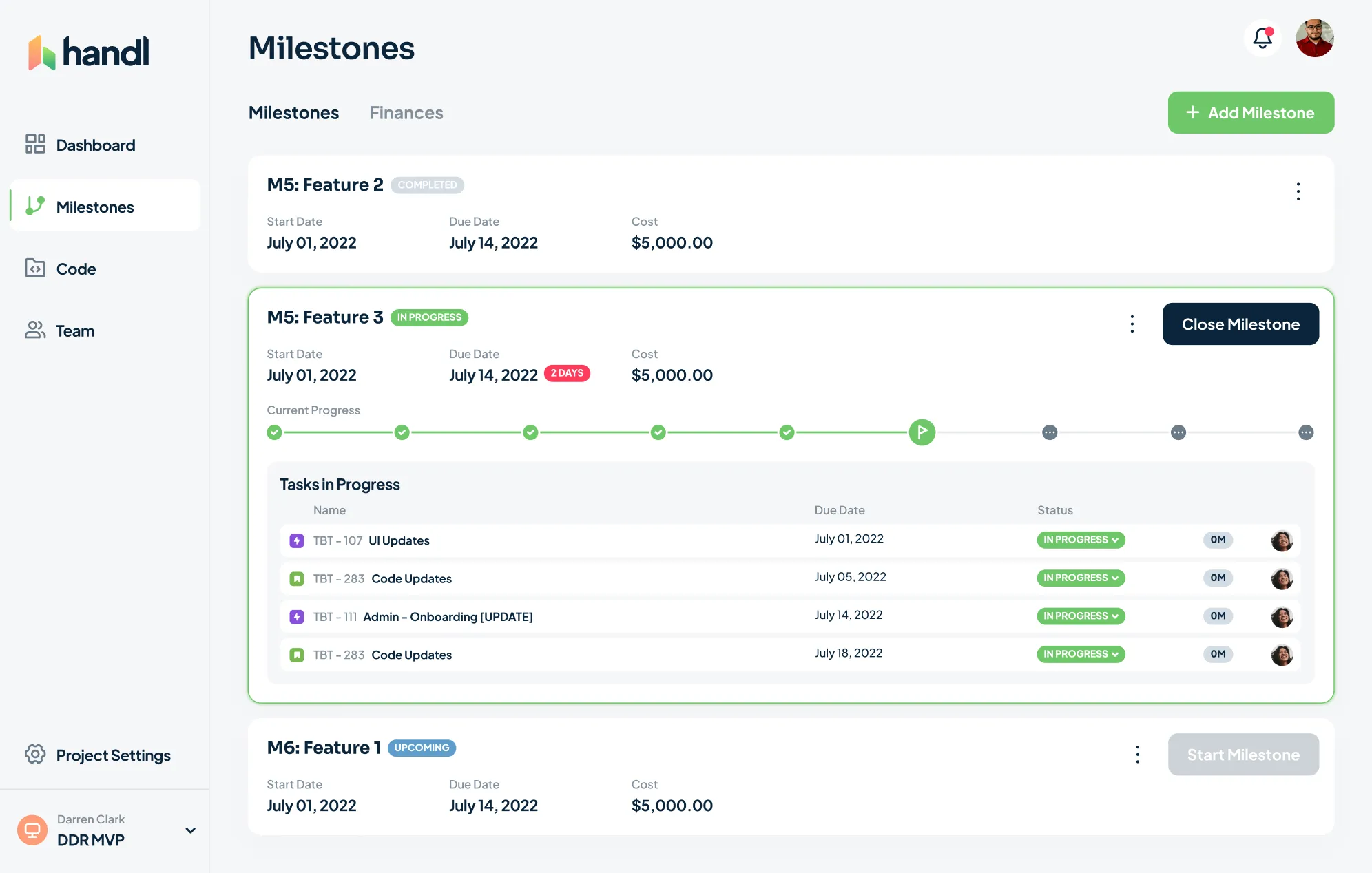 Handl milestones linked to payment checkpoints.